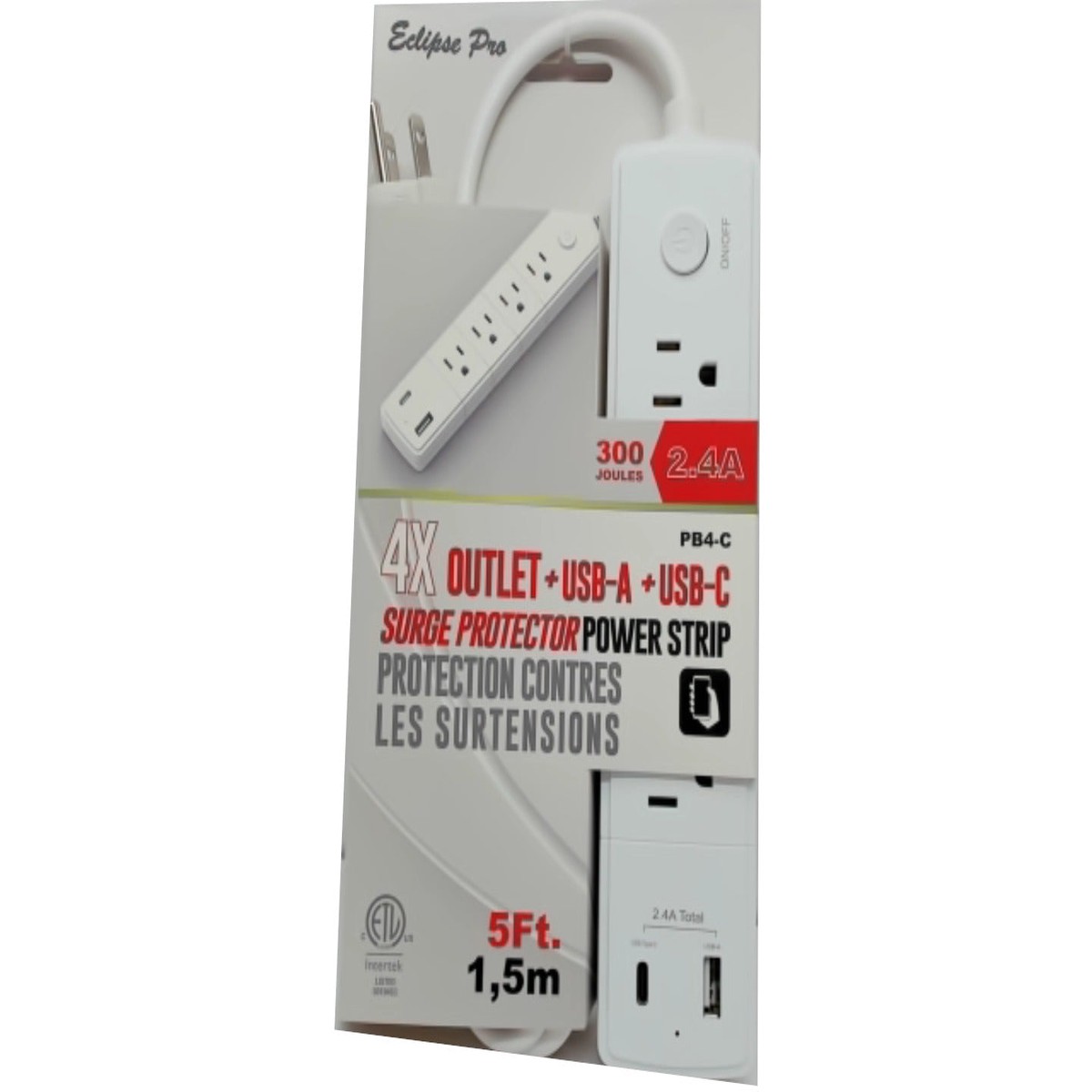 Power bar with surge protector 4 outlet USB-A Type-C with 5 foot cord
